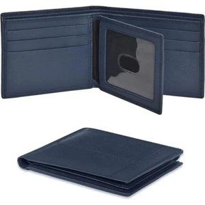 NEW REAL Leather Bifold Wallet for Men Navy
